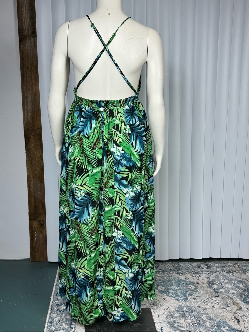 HYFVE Green Tropical Leaf Print Crisscross Back Maxi Dress Size L - Picture 3 of 16
